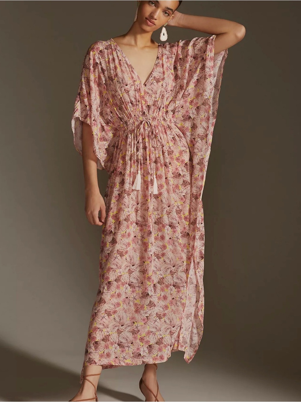 Rujuta Sheth Kaftan pink floral-print tassel drawstring waist Sz OS